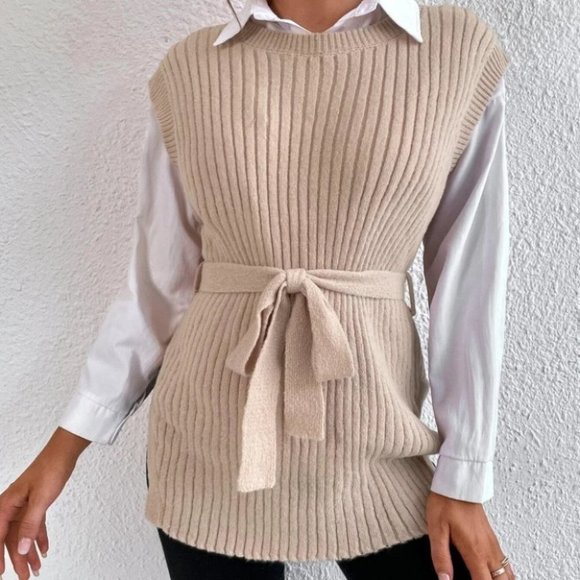 TAN BELTED RIBBED KNIT SWEATER VEST NO BLOUSE - Picture 2 of 6